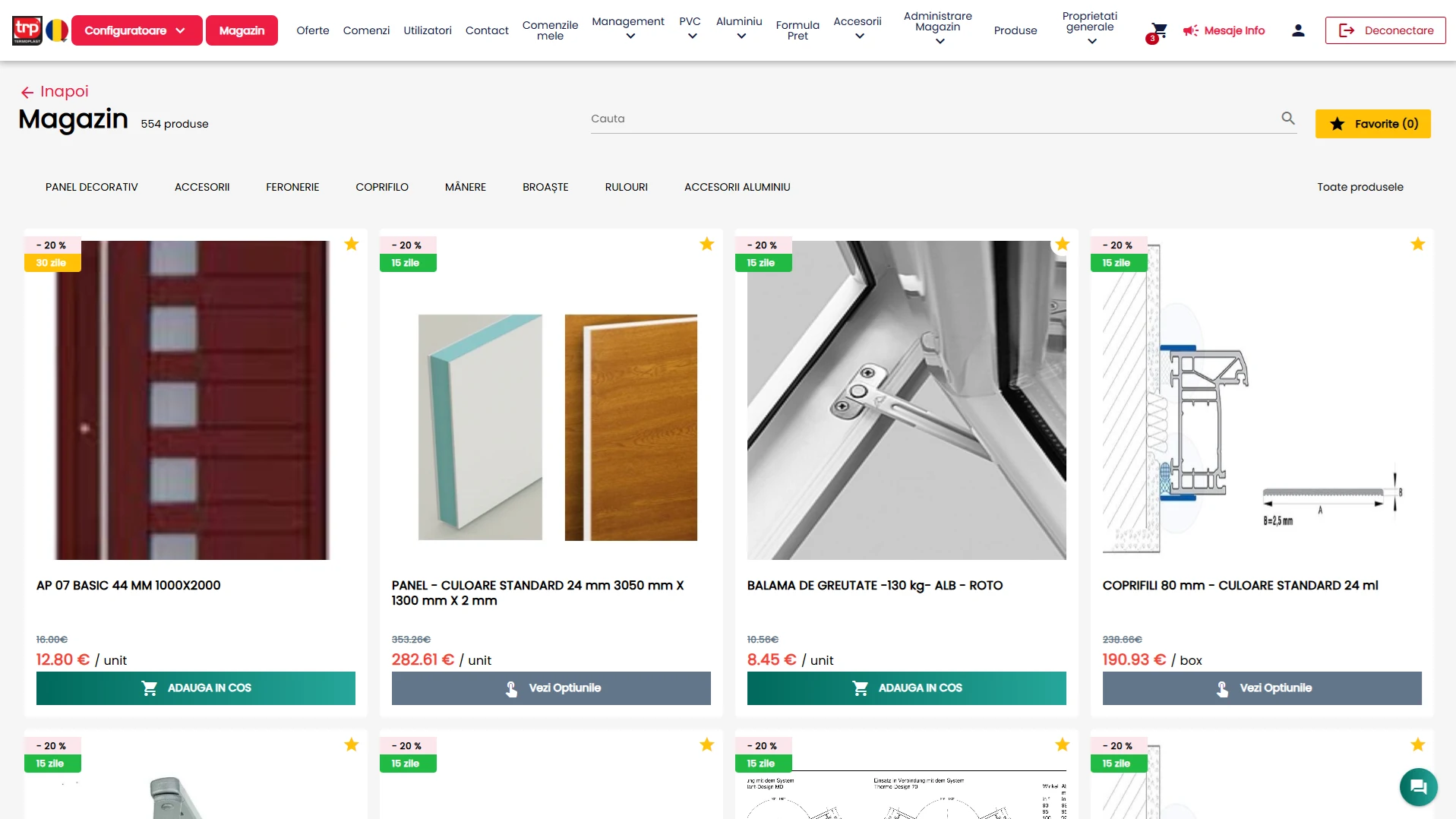 Catalogul de produse: categorii, accesorii, prețuri și opțiuni de adăugare în coș