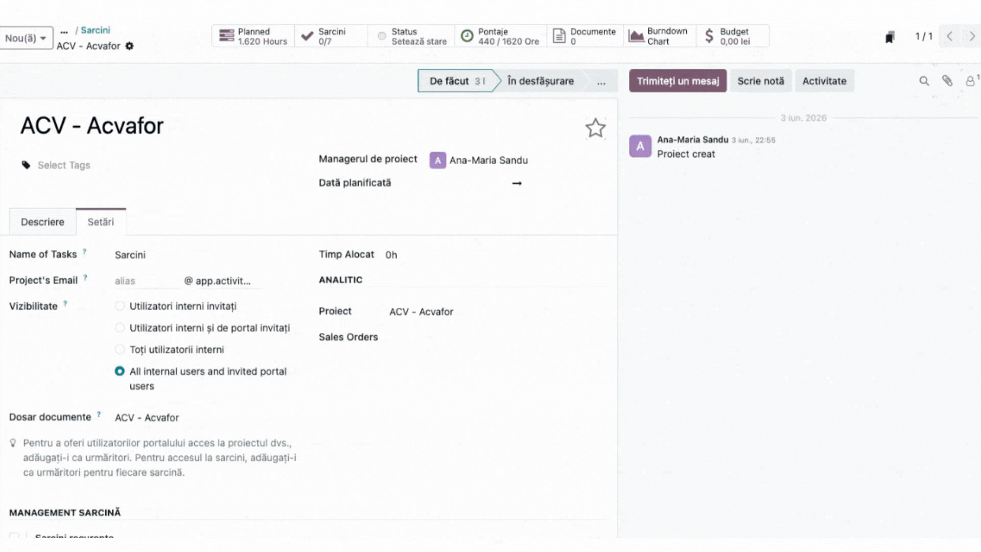 Proiect Activity BMS cu activități și costuri în Odoo